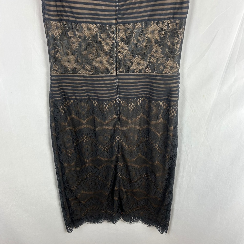 Tadashi Shoji Black Lace Nude Illusion Sheath Dress Size 6 Mesh Banding Cocktail - Picture 8 of 10